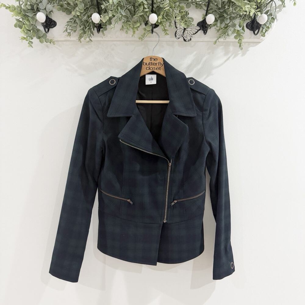Cabi Hunter Green Navy Plaid Tartan Moto Zip Jacket Womens Size 0 DG